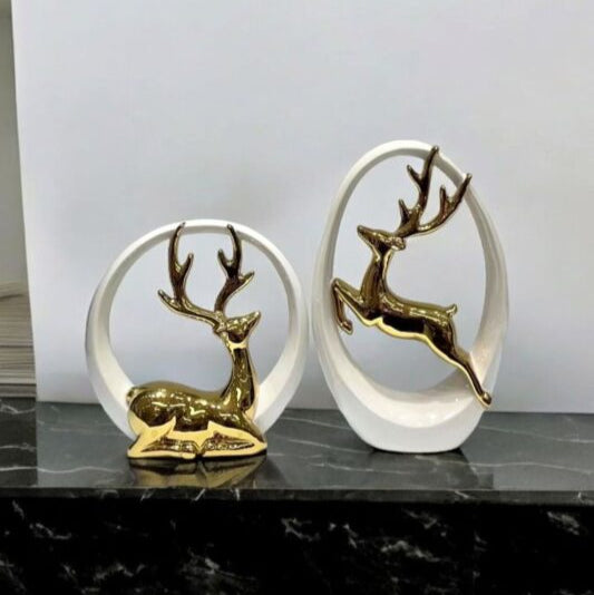 Elegant Ceramic Reindeer Figurines in Hoop - Set of 2 (Gold Accents)