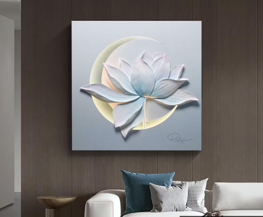 "Moonlit Lotus" 3D Textured Wall Art with Integrated LED Light