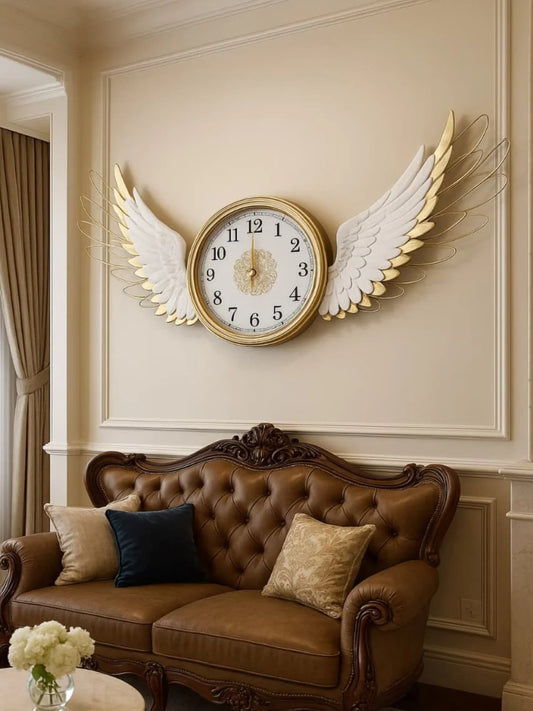 Metal Wall Clocks Majestic Angel Wings Golden Wall Clock