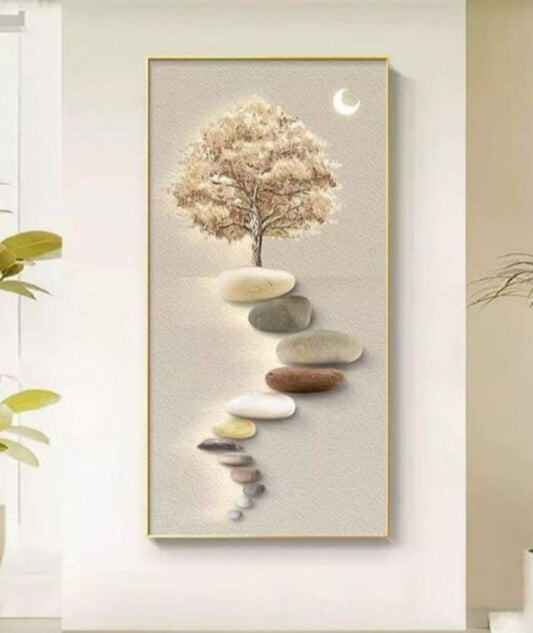 Moonlit Ascent - 3D Textured Handcrafted Stone & Tree Wall Art
