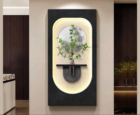 Lunar Serenity - Illuminated Modern Wall Art with Botanical Touch