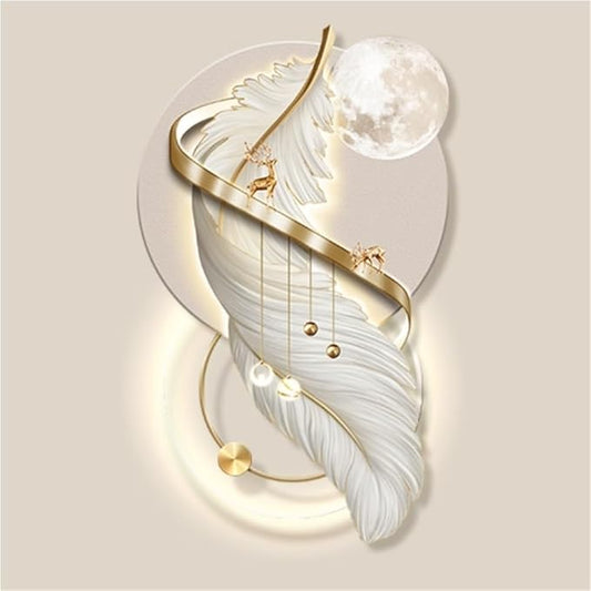 Luxurious Feather & Full Moon 3D LED Wall Art
