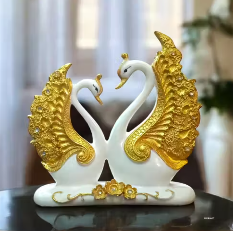 Elegant White Swans Sculpture with Gold Accents - Symbol of Love