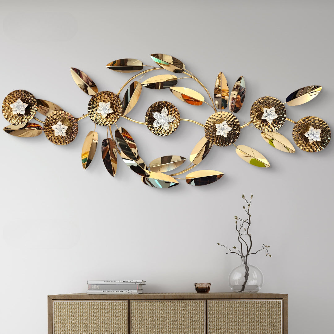 Golden Blossom Cascade: Metallic Wall Art