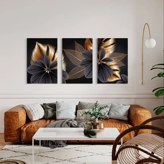 Premium Golden &amp; Black Floral Wall Art – Modern and Luxurious Statement Piece