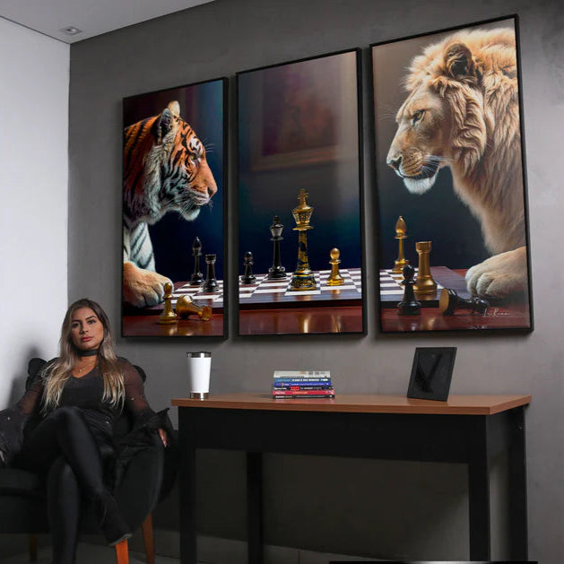 "Strategic Showdown: Lion vs. Tiger" 3-Piece Modern Art Set