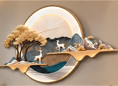 Layered landscape LED wall art with a gold blossom tree, white deer and shelf