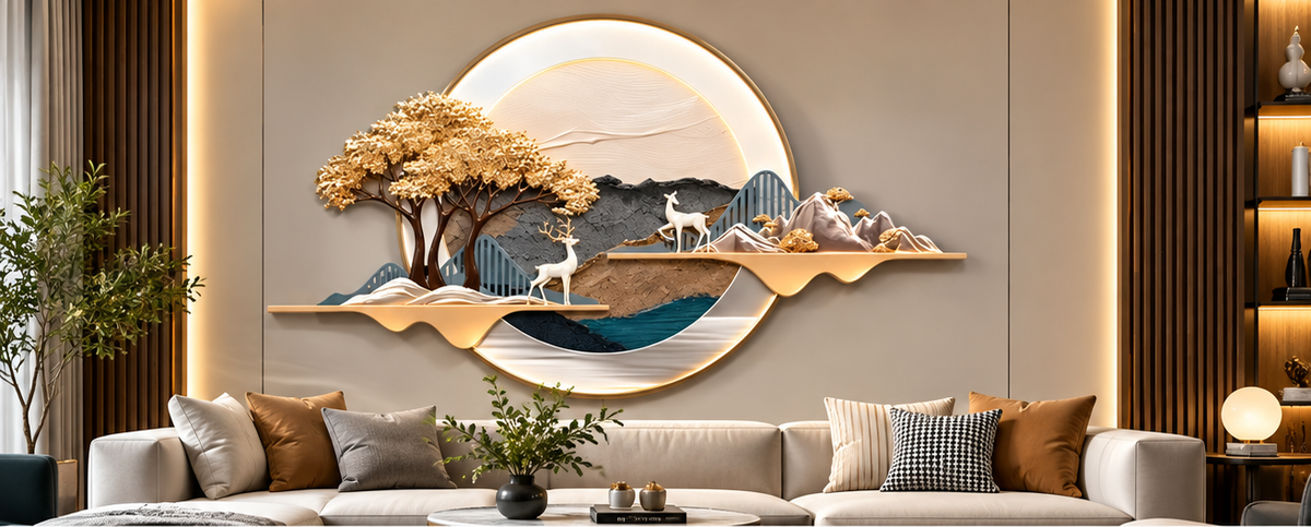 Layered landscape LED wall art with a gold blossom tree, white deer and shelf - styled above a living room sofa
