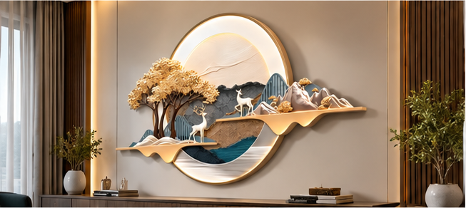 Layered landscape LED wall art with a gold blossom tree, white deer and shelf - styled above a console table