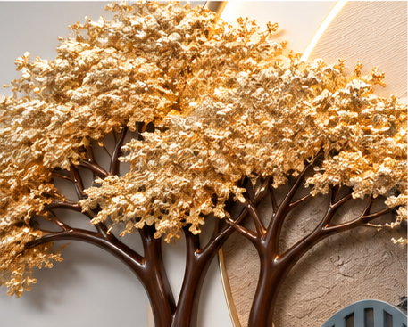 Layered landscape LED wall art with a gold blossom tree, white deer and shelf - close-up of the golden blossom canopy