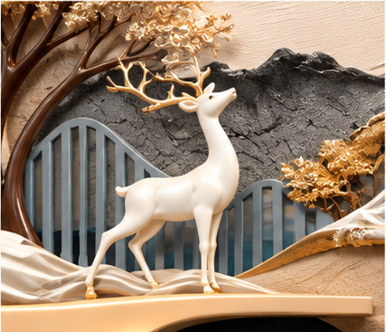 Layered landscape LED wall art with a gold blossom tree, white deer and shelf - close-up of the white stag and ridged mountains
