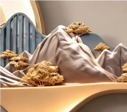 Layered landscape LED wall art with a gold blossom tree, white deer and shelf - close-up of the layered dunes and shelf