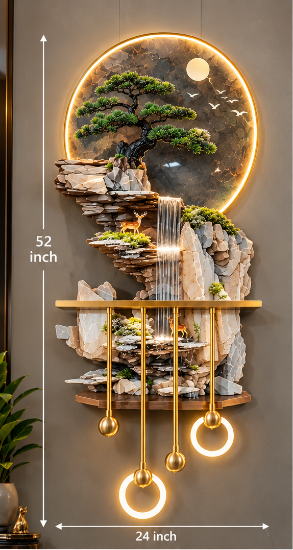 LED bonsai waterfall wall art with stone rockface, brass shelf and LED ring pendants, 52 x 24 inch