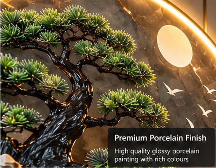 LED bonsai waterfall wall art with stone rockface, brass shelf and LED ring pendants, 52 x 24 inch - detail view 1