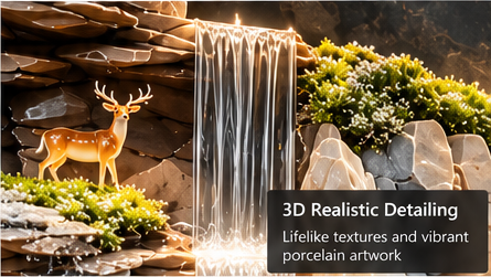 LED bonsai waterfall wall art with stone rockface, brass shelf and LED ring pendants, 52 x 24 inch - detail view 2