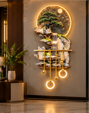 LED bonsai waterfall wall art with stone rockface, brass shelf and LED ring pendants, 52 x 24 inch - detail view 5