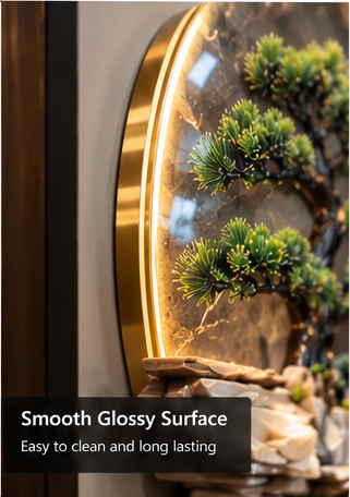 LED bonsai waterfall wall art with stone rockface, brass shelf and LED ring pendants, 52 x 24 inch - detail view 6
