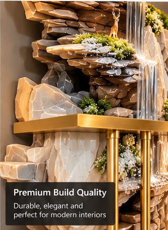 LED bonsai waterfall wall art with stone rockface, brass shelf and LED ring pendants, 52 x 24 inch - detail view 7