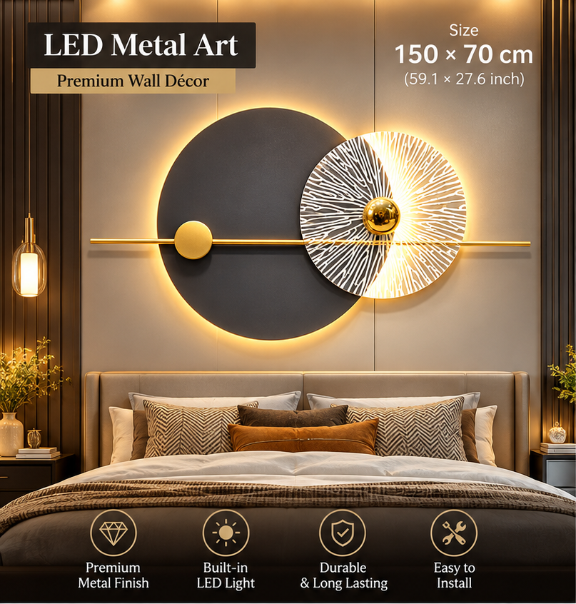 LED metal wall art with backlit charcoal disc, white sunburst texture and gold sphere, 150 x 70 cm