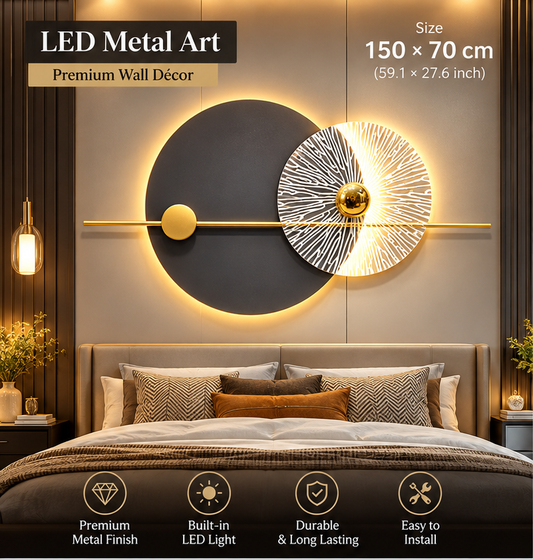 LED metal wall art with backlit charcoal disc, white sunburst texture and gold sphere, 150 x 70 cm