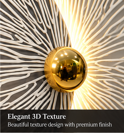 LED metal wall art with backlit charcoal disc, white sunburst texture and gold sphere, 150 x 70 cm - detail view 1