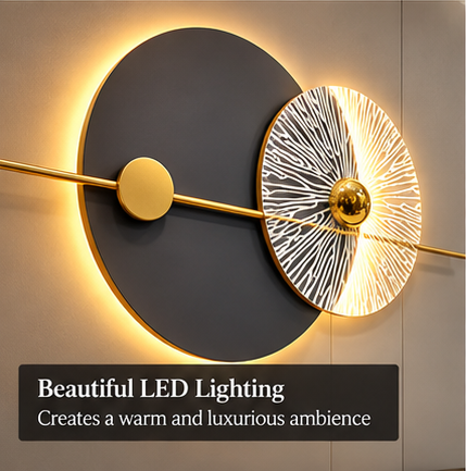 LED metal wall art with backlit charcoal disc, white sunburst texture and gold sphere, 150 x 70 cm - detail view 3