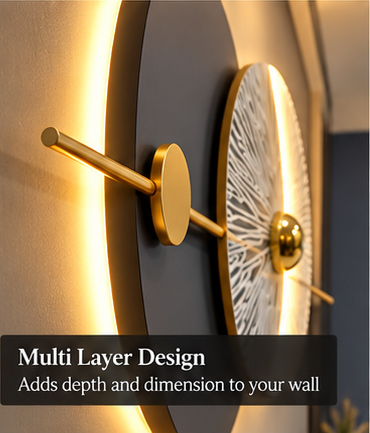 LED metal wall art with backlit charcoal disc, white sunburst texture and gold sphere, 150 x 70 cm - detail view 4