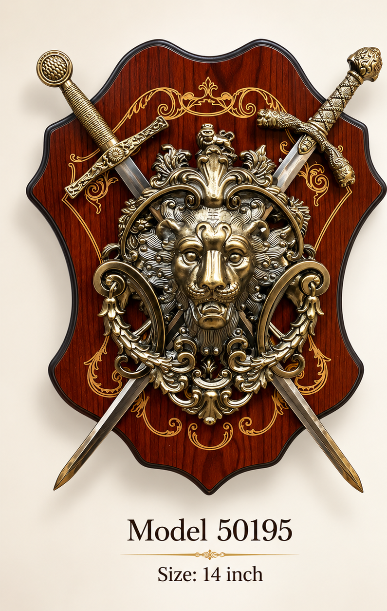 Lion crest and crossed swords wall plaque on a rosewood-tone board, 14 inch