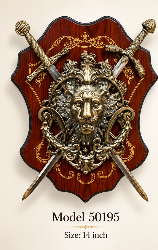 Lion crest and crossed swords wall plaque on a rosewood-tone board, 14 inch