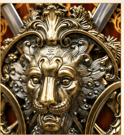 Lion crest and crossed swords wall plaque on a rosewood-tone board, 14 inch - detail view 1