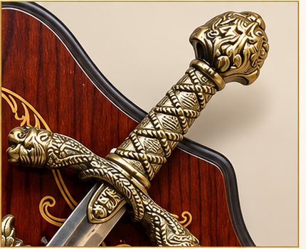 Lion crest and crossed swords wall plaque on a rosewood-tone board, 14 inch - detail view 2