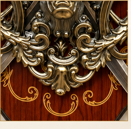 Lion crest and crossed swords wall plaque on a rosewood-tone board, 14 inch - detail view 3