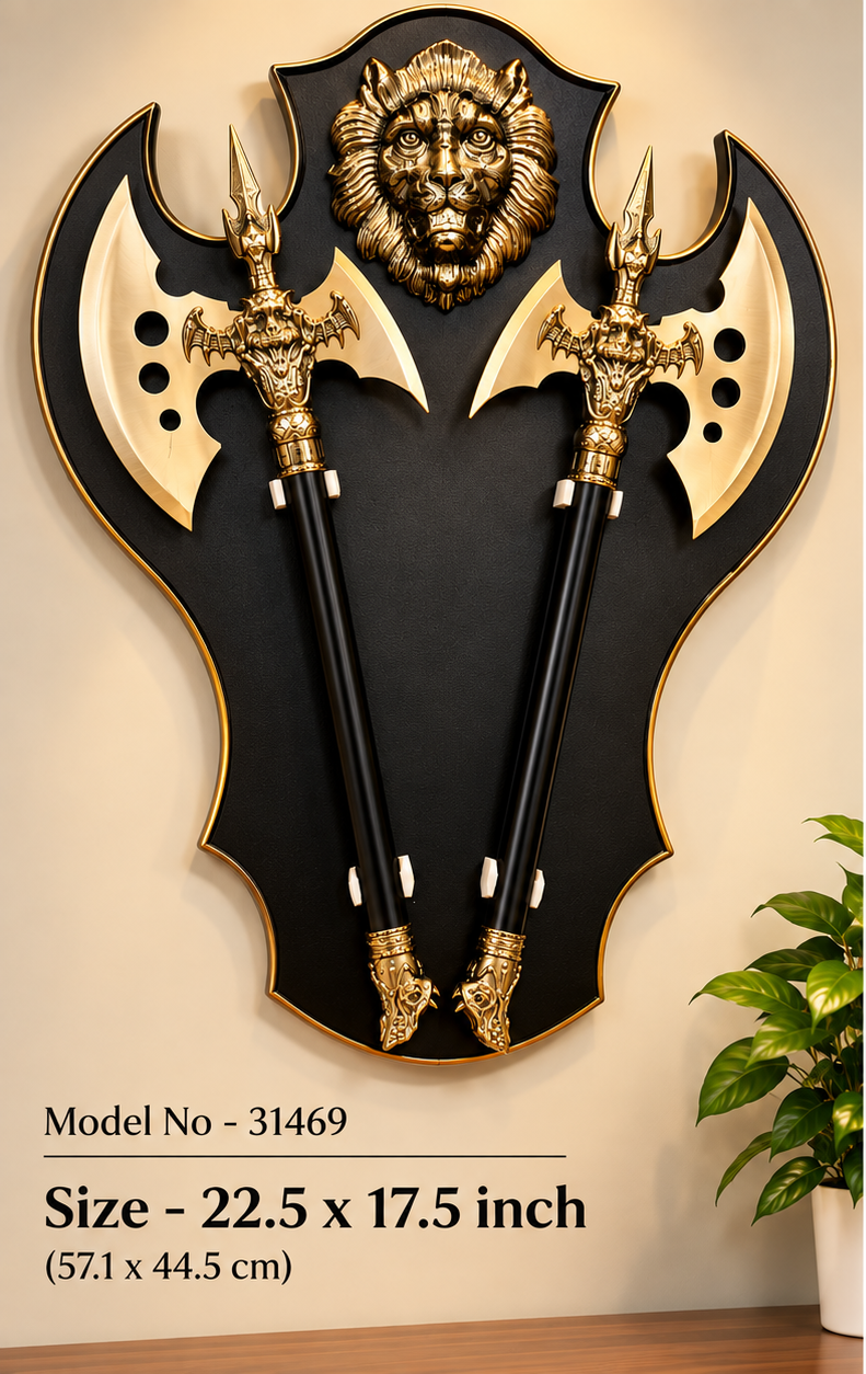 Lion crest and twin battle axe wall plaque on a black shield board, 22.5 x 17.5 inch