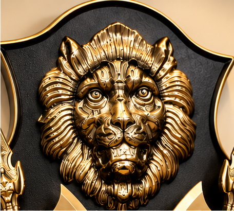Lion crest and twin battle axe wall plaque on a black shield board, 22.5 x 17.5 inch - detail view 1
