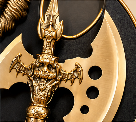 Lion crest and twin battle axe wall plaque on a black shield board, 22.5 x 17.5 inch - detail view 2