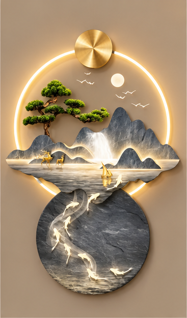 Grey marble mountain and glowing koi LED wall art with bonsai, 24 x 36 inch