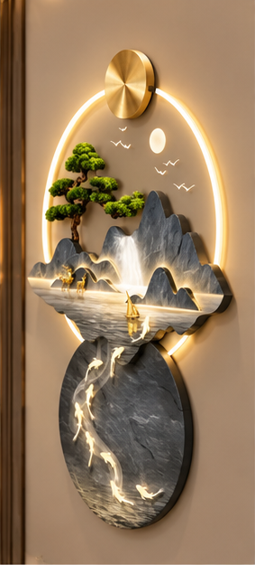 Grey marble mountain and glowing koi LED wall art with bonsai, 24 x 36 inch - angled view on the wall
