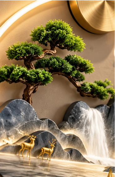 Grey marble mountain and glowing koi LED wall art with bonsai, 24 x 36 inch - close-up of the bonsai foliage