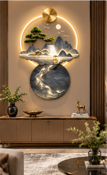 Grey marble mountain and glowing koi LED wall art with bonsai, 24 x 36 inch - close-up of the sculpted detail