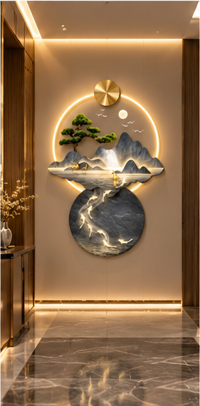 Grey marble mountain and glowing koi LED wall art with bonsai, 24 x 36 inch - close-up of the hanging LED rings