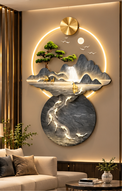 Grey marble mountain and glowing koi LED wall art with bonsai, 24 x 36 inch - styled above a console table