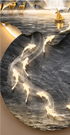 Grey marble mountain and glowing koi LED wall art with bonsai, 24 x 36 inch - styled in a living room