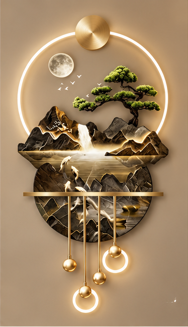 Moonlit bronze mountain LED wall art with brass shelf and hanging LED rings, 24 x 52 inch