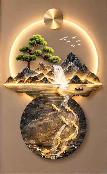 Mountain lake and koi LED wall art with bonsai and circular koi disc, 24 x 36 inch