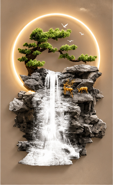 Tall boulder waterfall LED wall art with gold deer and preserved bonsai, 24 x 52 inch
