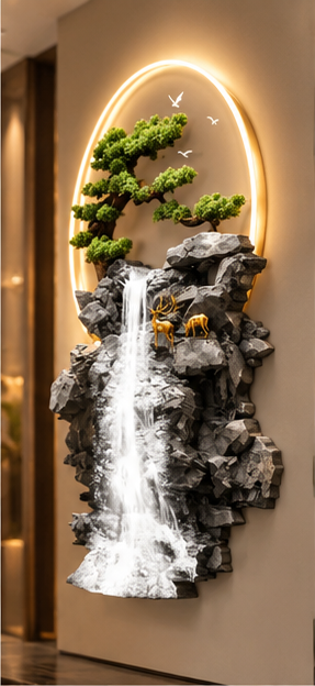 Tall boulder waterfall LED wall art with gold deer and preserved bonsai, 24 x 52 inch - angled view on the wall