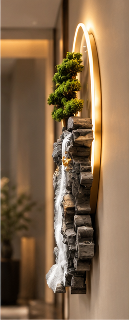 Tall boulder waterfall LED wall art with gold deer and preserved bonsai, 24 x 52 inch - side profile showing depth from the wall