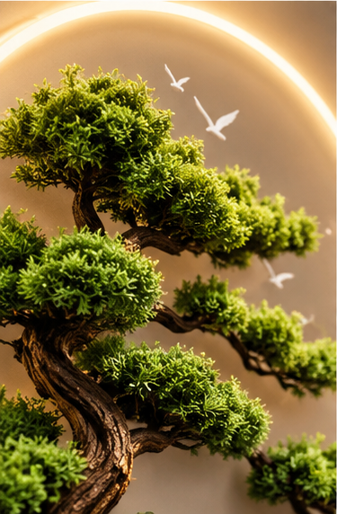 Tall boulder waterfall LED wall art with gold deer and preserved bonsai, 24 x 52 inch - close-up of the bonsai foliage