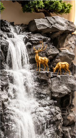 Tall boulder waterfall LED wall art with gold deer and preserved bonsai, 24 x 52 inch - close-up of the sculpted detail