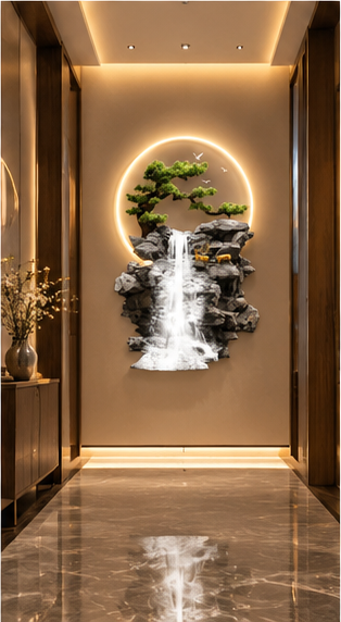 Tall boulder waterfall LED wall art with gold deer and preserved bonsai, 24 x 52 inch - close-up of the hanging LED rings
